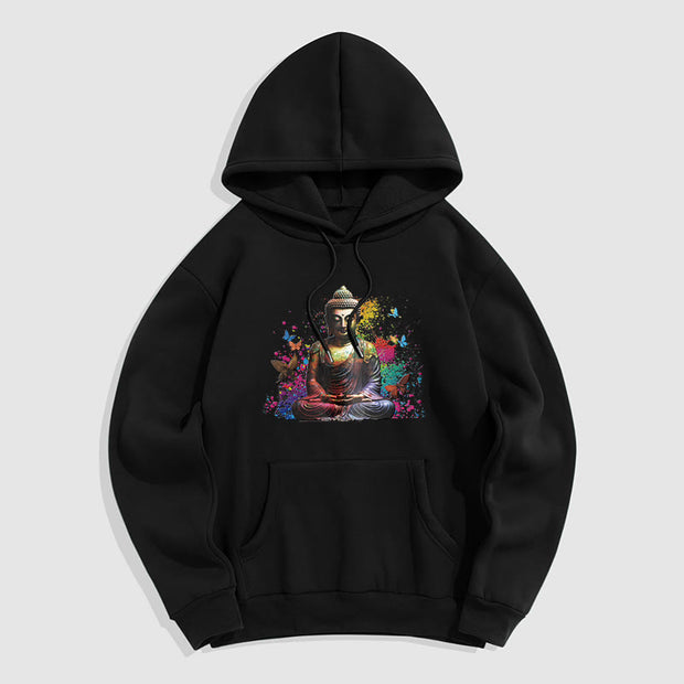 Buddha Stones Colorful Butterfly Flying Meditation Buddha Polyester Fleece Lined Hoodie Hoodie BS Black 2XL