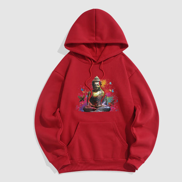 Buddha Stones Colorful Butterfly Flying Meditation Buddha Polyester Fleece Lined Hoodie Hoodie BS Red 2XL