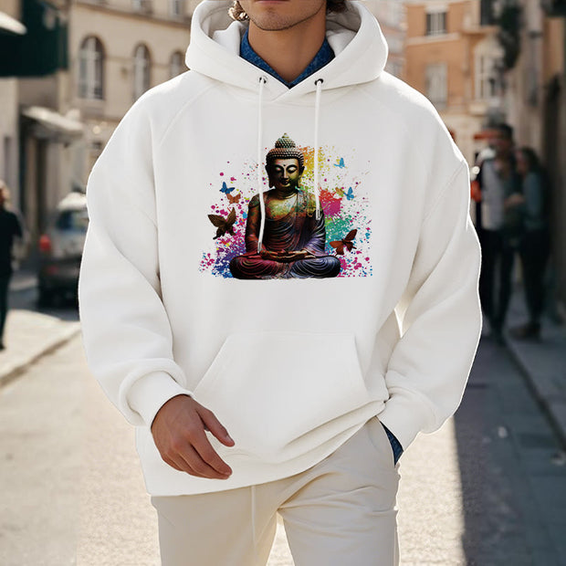 Buddha Stones Colorful Butterfly Flying Meditation Buddha Polyester Fleece Lined Hoodie