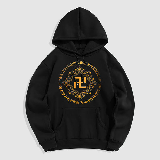 Buddha Stones Swastika Fleece Lined Polyester Hoodie Hoodie BS Black 2XL