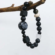 Buddha Stones Black Onyx Ceramics Agate Black Glitter Stone Fortune Fu Character Bracelet