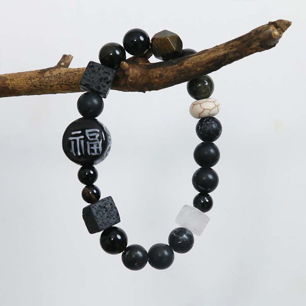 FREE Today: Protection and Fortune Black Onyx Ceramics Agate Black Glitter Stone Fu Character Bracelet