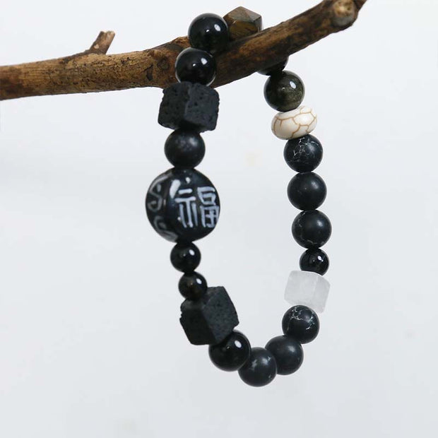 FREE Today: Protection and Fortune Black Onyx Ceramics Agate Black Glitter Stone Fu Character Bracelet