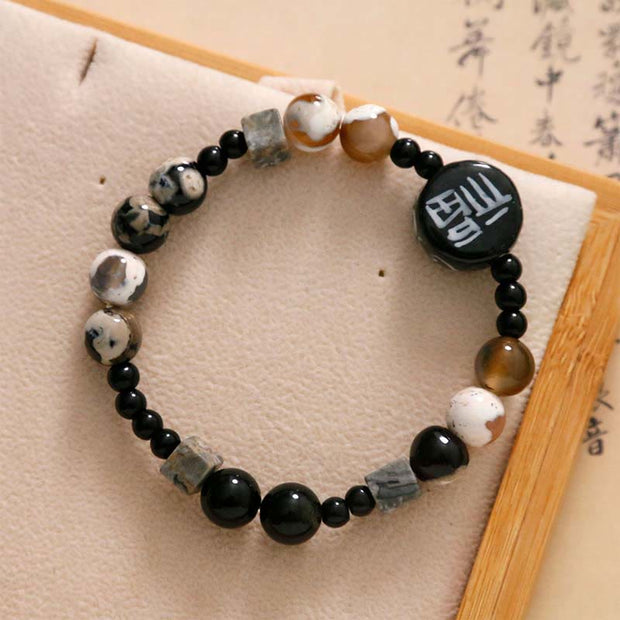 Buddha Stones Black Onyx Ceramics Agate Black Glitter Stone Fortune Fu Character Bracelet