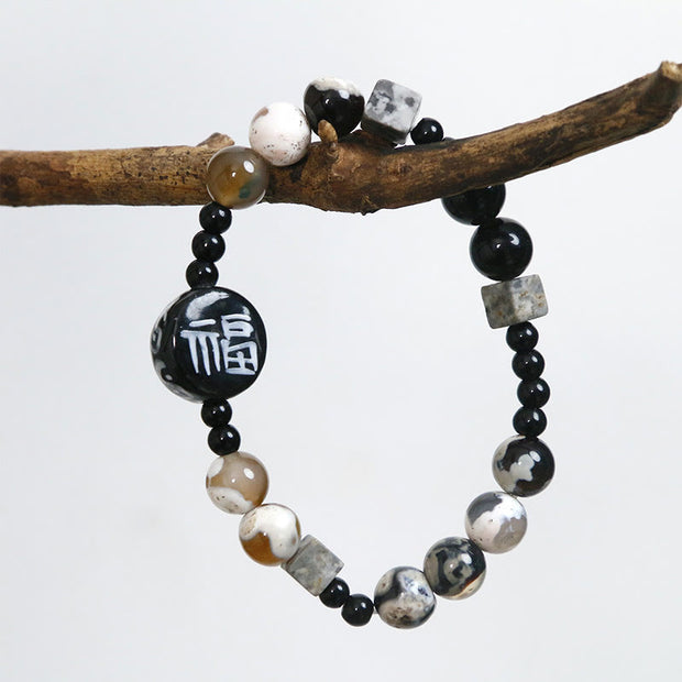 Buddha Stones Black Agate Ceramics Jade Black Glitter Stone Bracelet