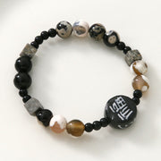 FREE Today: Protection and Fortune Black Onyx Ceramics Agate Black Glitter Stone Fu Character Bracelet