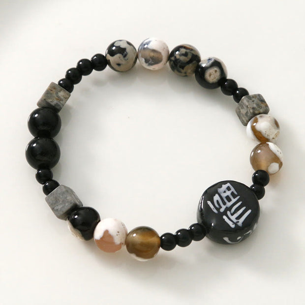 Buddha Stones Black Agate Ceramics Jade Black Glitter Stone Bracelet