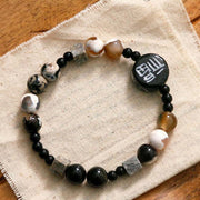 FREE Today: Protection and Fortune Black Onyx Ceramics Agate Black Glitter Stone Fu Character Bracelet