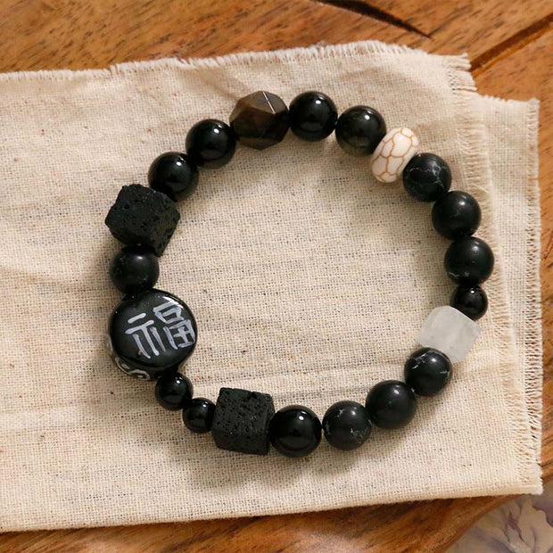 FREE Today: Protection and Fortune Black Onyx Ceramics Agate Black Glitter Stone Fu Character Bracelet