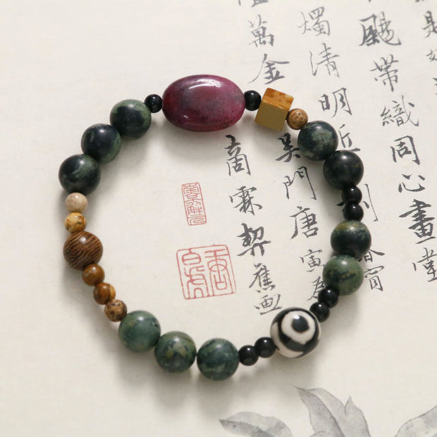 Buddha Stones Green Agate Three-eyed Dzi Bead Power Success Bracelet Bracelet BS 2