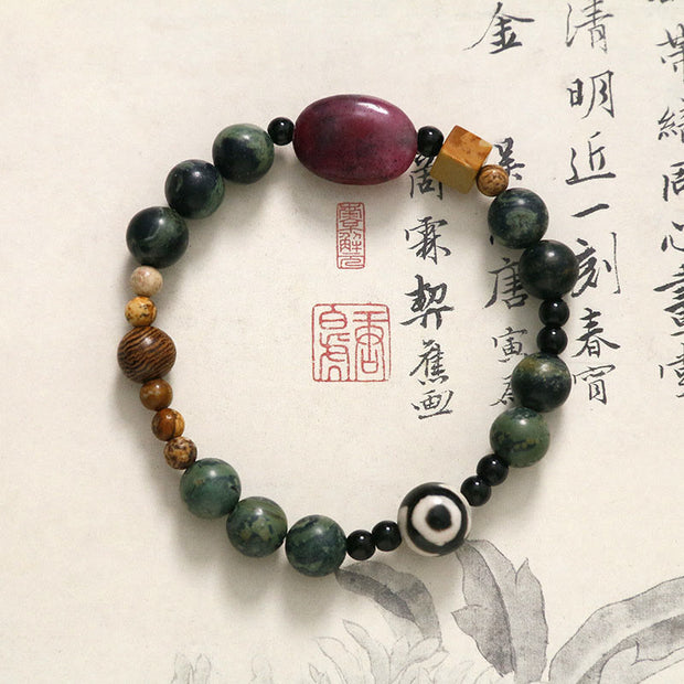 Buddha Stones Green Agate Three-eyed Dzi Bead Power Success Bracelet Bracelet BS Green Agate&Three-eyed Dzi Bead（Wrist Circumference: 17cm）