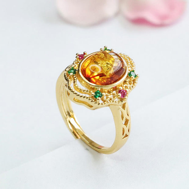 Buddha Stones Flower Amber Hollow Lace Setting Confidence Ring