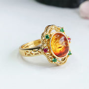 Buddha Stones Flower Amber Hollow Lace Setting Confidence Ring