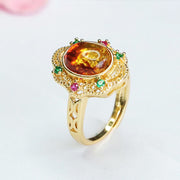 Buddha Stones Flower Amber Hollow Lace Setting Confidence Ring