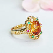 Buddha Stones Flower Amber Hollow Lace Setting Confidence Ring