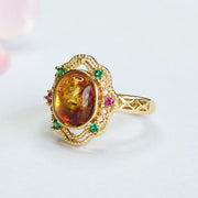 Buddha Stones Flower Amber Hollow Lace Setting Confidence Ring