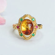 Buddha Stones Flower Amber Hollow Lace Setting Confidence Ring