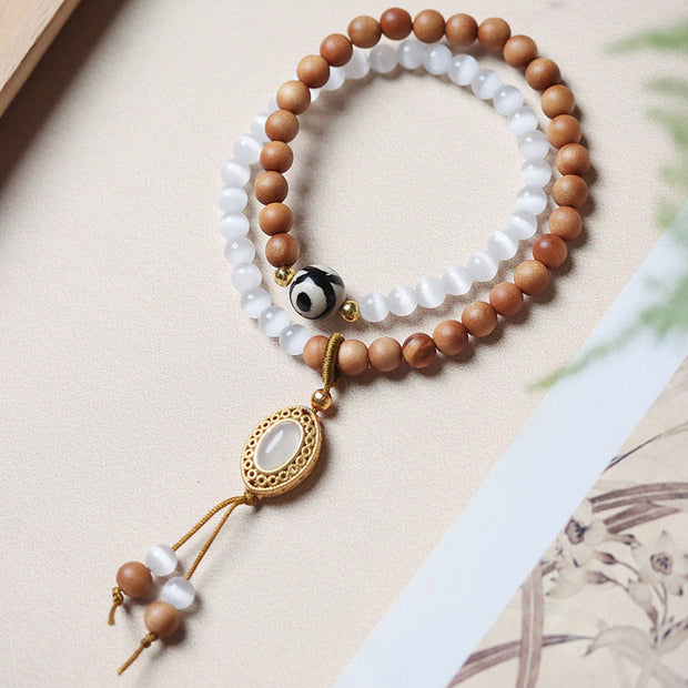 Buddha Stones Sandalwood Cat's Eye Three-eyed Dzi Bead Crystal Luck Protectioin Bracelet