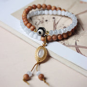 Buddha Stones Sandalwood Cat's Eye Three-eyed Dzi Bead Crystal Protectioin Bracelet