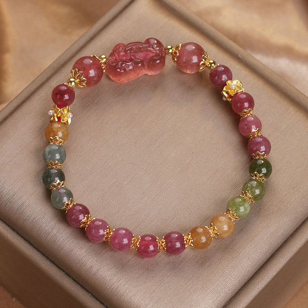 Buddha Stones Tourmaline Strawberry Quartz Pink Crystal PIXIU Love Bracelet