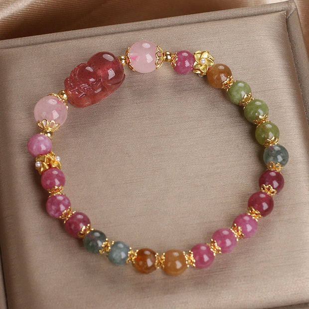 Buddha Stones Tourmaline Strawberry Quartz Pink Crystal PIXIU Love Bracelet