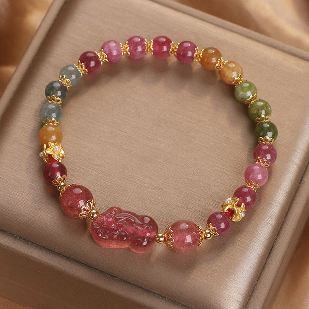 Buddha Stones Tourmaline Strawberry Quartz Pink Crystal PIXIU Love Bracelet Bracelet BS Tourmaline Strawberry Quartz(Wrist Circumference: 14-16cm)