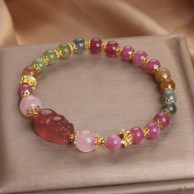 Buddha Stones Tourmaline Strawberry Quartz Pink Crystal PIXIU Love Bracelet Bracelet BS Tourmaline Pink Crystal(Wrist Circumference: 14-16cm)