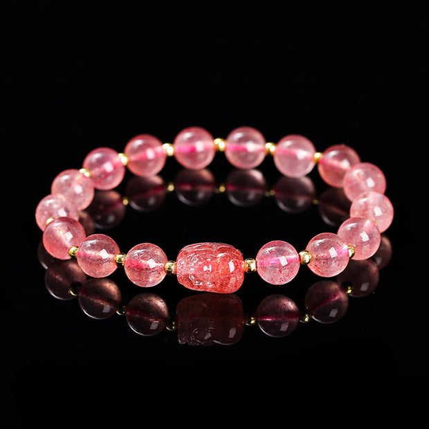 Buddha Stones Various Crystal PIXIU Pink Crystal Warmth Bracelet Bracelet BS Strawberry Quartz(Wrist Circumference: 14-16cm)