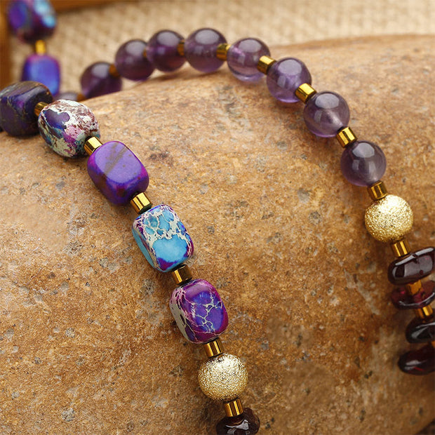 Buddha Stones Amethyst Garnet Emperor Stone Communication Triple Wrap Bracelet Bracelet BS 1