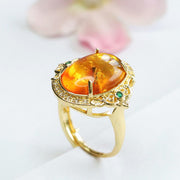 Buddha Stones Amber Flower Pigeon Egg Focus Ring