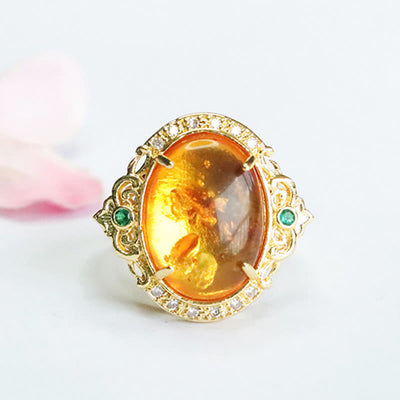 Buddha Stones Amber Flower Pigeon Egg Focus Ring