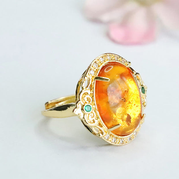 Buddha Stones Amber Flower Pigeon Egg Focus Ring