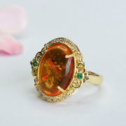 Buddha Stones Amber Flower Pigeon Egg Focus Ring