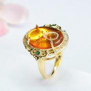 Buddha Stones Amber Flower Pigeon Egg Focus Ring