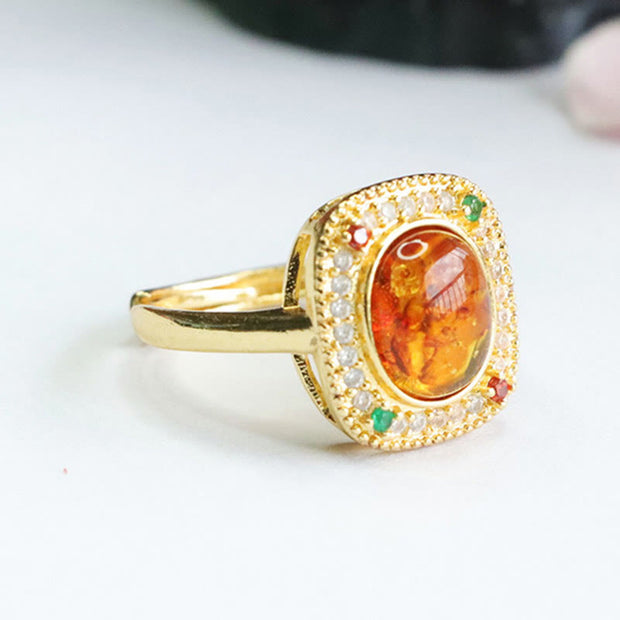 Buddha Stones Natural Amber Flower Square Support Full Diamond Confidence Ring