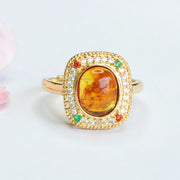 Buddha Stones Natural Amber Flower Square Support Full Diamond Confidence Ring