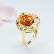 Buddha Stones Natural Amber Flower Square Support Full Diamond Confidence Ring