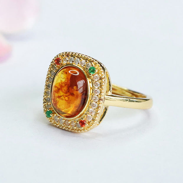 Buddha Stones Natural Amber Flower Square Support Full Diamond Confidence Ring