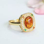 Buddha Stones Natural Amber Flower Square Support Full Diamond Confidence Ring