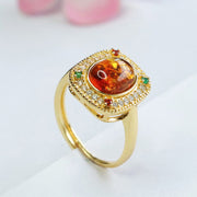 Buddha Stones Natural Amber Flower Square Support Full Diamond Confidence Ring