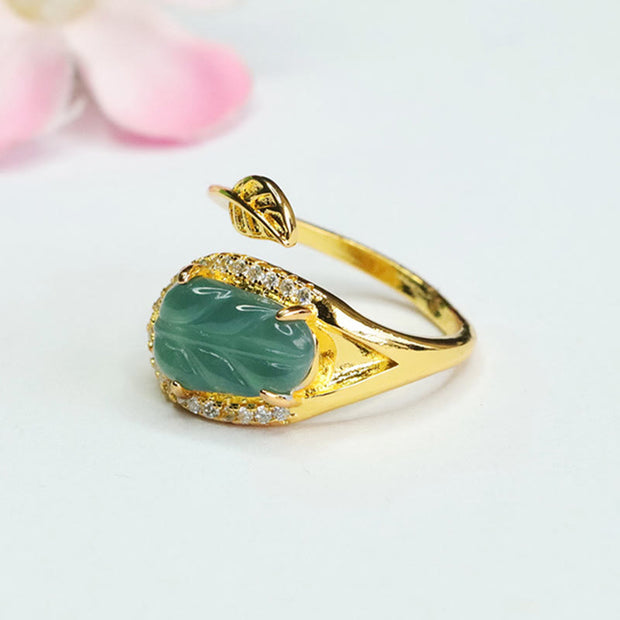 Buddha Stones Plated Gold Natural Jade Leaf Prosperity Adjustable Ring