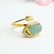 Buddha Stones Plated Gold Natural Jade Leaf Prosperity Adjustable Ring