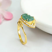 Buddha Stones Plated Gold Natural Jade Leaf Prosperity Adjustable Ring