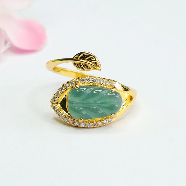 Buddha Stones Plated Gold Natural Jade Leaf Prosperity Adjustable Ring