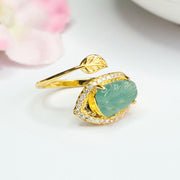 Buddha Stones Plated Gold Natural Jade Leaf Prosperity Adjustable Ring