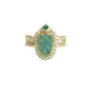 Buddha Stones Plated Gold Natural Jade Leaf Full Diamond Luck Adjustable Ring