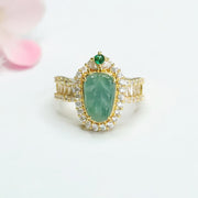 Buddha Stones Plated Gold Natural Jade Leaf Full Diamond Luck Adjustable Ring