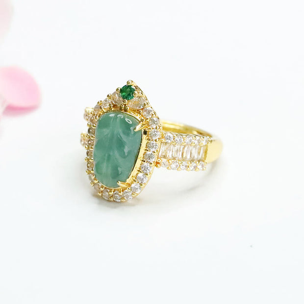 Buddha Stones Plated Gold Natural Jade Leaf Full Diamond Luck Adjustable Ring