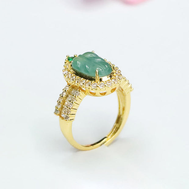 Buddha Stones Plated Gold Natural Jade Leaf Full Diamond Luck Adjustable Ring