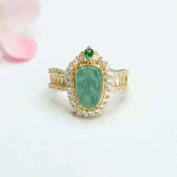 Buddha Stones Plated Gold Natural Jade Leaf Full Diamond Luck Adjustable Ring